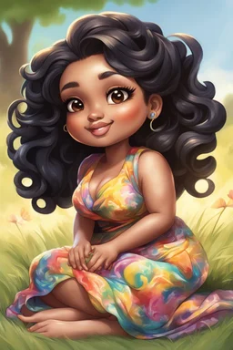 An airbrushed chibi black cartoon of a curvaceous woman with flowing black hair twisted up, wearing a colorful maxi dress. She sits relaxed on the grass facing the warm sunlight, which illuminates her face as she looks to the side with a small smile, accentuating her prominent makeup and brown eyes.