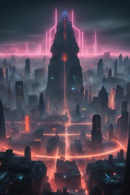 a dystopian city from extreme distance with giant neon advertising merging with Moloch