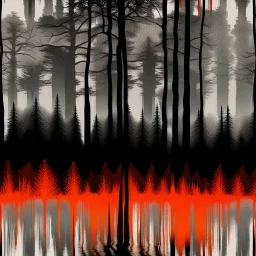 Glitch in the Matrix silhouette of tall dark trees, black, gray colors, surreal, foggy, mesh, lacy pattern, red-gray-orange background, painted, melting, dreamlike scene, blurred with wet ink, masterpiece