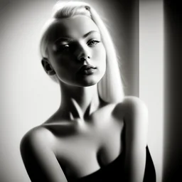 Mujer rubia iluminada, retrato medio cuerpo, iluminada potentemente desde el lado derecho, blanco y negro vaporoso, peinado a lo Verónica Lake al estilo del fotógrafo Hugo Alonso