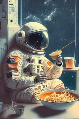 Un astronauta comiendo ramen mientras ve el fútbol