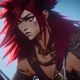 Barbarian anime character, animal hide armor, physically fit, tribal tattoos, scars, washboard abs, red facepaint, red hair, dark eyeshadow, intricate eyeliner, soft round eyes, beads in hair, 8k resolution, cinematic smooth, intricate details, vibrant colors, realistic details, masterpiece, oil on canvas, smokey background