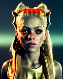 portrait, Shakira, blonde artist, angry, Realistic image, hoodie, fight pose, make-up make-up, gold line make-up, sweat, fog, goddess style, Neon colors, leds. Black background, photo studio, concept art, smooth, unreal engine 5, god lights, ray tracing, RTX, lumen lighting, ultra detail, volumetric lighting, 3d, finely drawn, high definition, 4k.