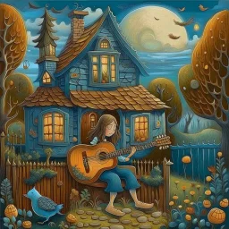 a painting of a house with a woman playing a guitar, a storybook illustration by Endre Bálint, behance contest winner, magic realism, storybook illustration, whimsical, detailed painting