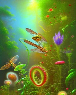 mystical venus fly trap, flowers, jungle, impressionism, soft lighting. trees in background, dragonfly,