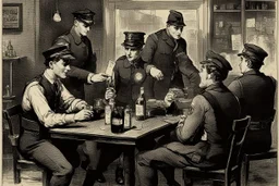 Smoky pub, cheerful young men drinking around a table, a policeman looking thoughtfully at the ID card of one of the boys, lamplight