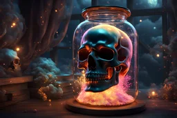 a human skull inside a big 3d jar, Complex, swirling clouds, intricate clouds inside a jar, fantasy, epic, beautiful, stunning, glowing clouds, luminous color sparkles, glitter, sparkling lights, intricate, magical, photorealistic, unreal engine, beautiful, magical, sparkling, dynamic lighting volumetric lighting triadic colors trending on Artstation