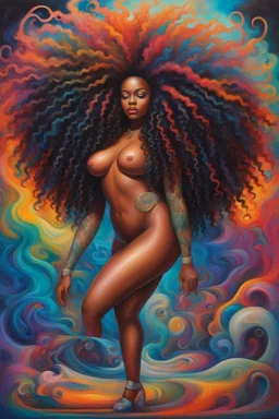 Create a futurism oil painting image of a curvy black female and tattoo on her legs while she bends down holding her large colorful mane of curly large afro. Prominent makeup with lush lashes. Her hair is highly detailed,her hair covers her body and all her curls are colorful. She wears no shoes and her skin glows