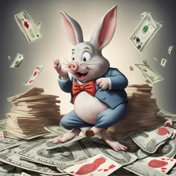 piggish cloven foot lying on stacks of money, bugs bunny playing poker