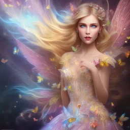 bright fairy, unic beautiful kind portrait, blond hair,blue eyes, flowery luminous pastel colors, butterfly