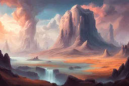 Fantasy Concept Art: majestic fantasy landscape, cartoonish art style, gigantic mountainrange, ONLY ONE BIG MOUNTAIN, titans in the mountain