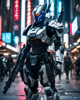 Naturalistic film style, natural light, film grain, cyberpunk mecha suit samurai and officer in armor suit posing aggressively with assault rifle. The character makes it's presence in the middle of a busy downtown boasting white armor and black skeletal body armor with bright neon lights detailing the bodies contours and exoskeletal outline.