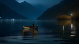 small boat in adrk lake night and one fisher