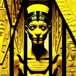 Double exposure of a black and yellow photo of the face of the pharaonic goddess Nefertiti and stairs inside a pyramid, black and yellow photo, a staircase, by John Alexander, stairs, a winding staircase inside a pyramid, inspired by Jerry Schatzberg, stairs to heaven, fine art photography, by Rodolfo Escalara, illustration, by Albert Cotin, beautiful, stairs, inspired by Rudolf Hausner, staircase 1