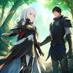 Girl with white hair. Boy with black hair wearing leather armor. Forest path