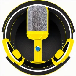 logo of a radio station, "Radio KLASS", clipart microphone; Yellow and white, circular.