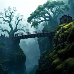 1 massive squat wooden bridge connects the over two gorge, between two tall rocky shores, sprawling, tall alien trees on both shores, log wooden houses in the distance in the background, rainy landscape, lush vegetation, massive trees,, high detailed, fantasy, cinematic