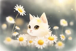 cute chibi daisy cat in sunshine, watercolor and black ink outlines, sparkling golden glitter, ethereal, cinematic postprocessing, bokeh, dof