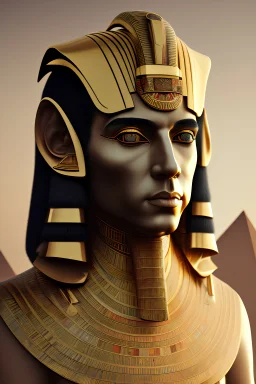 ancient egyptian phararoh, looking at camera, masculine facial features, wearing black, gold and blue, realistic concept art, pyramids in background,brown skin,