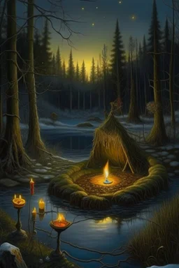 Hyperrealism against the background of a winter landscape in a forest with a bonfire +mirror portal with a whirlpool of water + +rite+candles+dried flowers+wildflowers+moss++flower decoupage+embroidery technique+braided beads+vine+moonlit night,fabulous landscape,surrealism,realism,naturalism,dot technique,microdetalization,high detail objects,digital illustration,volumetric clarity,dark fantasy,dark botanical