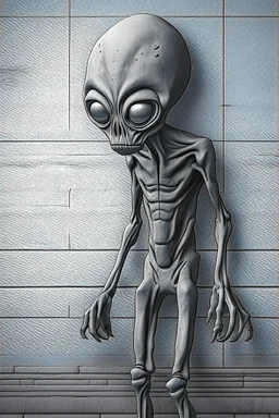 a gray alien standing by a wall pissing on wall back view he turned face to you scared