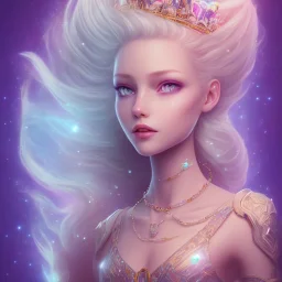 cosmic petit prince belle fine, profil de trois quart, grand front cosmique, peau bleu cristalline, yeux bleu, perle sur le front long cheveux blond et rose etoilé, cristaux sur le corps, collier de grande princesse, levres souriante, très jolie sourire