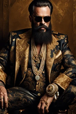 Artistic photo in the audacious style of Jill Greenberg, of man with a luxurious and striking style, abundance of jewelry, oversized square one-piece sunglasses,black beard, prints, extravagant, baroque scene , impasto style with thick textured strokes