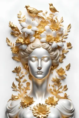 White background, portrait of a woman statue made of gold, flowers, birds