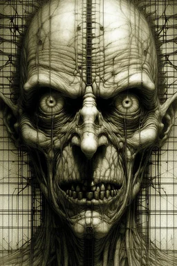 The face of a prisoner man with iron lucked on his mouth . Scary face , all in white texture decayed and rotting with grotesque proportions and imagery. abstract grotesqueries, detailed texture, surreal horror, biomechanical design, by hr giger and beksinski
