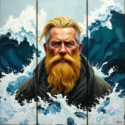 center panel of a triptych: strong mariner in mid-life, golden beard blending into wild ocean waves. He stares forward with purpose. Expressive impasto painting, dramatic sea behind. --v 7 --style raw --ar 2:3 --q 2