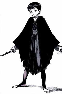 pallid 7 year old boy genie, necromancer, friendly,wearing black robes, with the lower body of a genie instead of legs, in the style of Harry Clarke