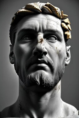 Ultra Realistic image, Roman sculpture, white marble material, Lionel Messi, gold Laurel leaves wreath, renaissance ornaments, chisel style, waist up portrait, epic, celestial, cinematic lighting, God light, god rays, 4k resolution, smooth details, ornate details, soft lighting, unreal engine 5, marble background.