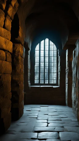 Inside of a dungeon with grey stone floor and a high barred window