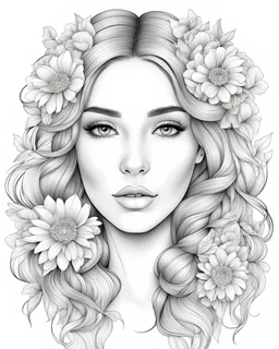outline art for a gorgeous and sweet lady face, flowers in her hair, coloring page, long hair, white background, sketch style, only use outline, clean line art, white background, no shadows and clear and well outlined