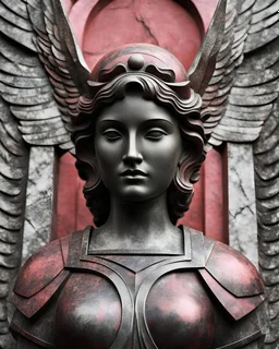 Very close-up frontal (((monumental martial art))) oxyded bronze & pink-red granite ((((marble angular angel in 40's russian constructivism-soviet art deco style)))) grave. Dark and gloomy mood. Photo realistic, kodak film 35 mm. Arno Breker to Georg Kolbe and Josef Thorak - Vera Mukhina