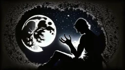 evening, under the light of the moon, the shadow of a man, resting a lightning musical note on his hands