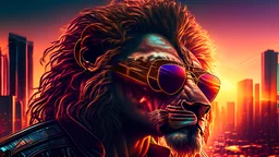 face portrait of a suave bounty hunter lion with black sunglasses relaxing outside a club. sunset. intricate details. Big city background. photo real. reflections. 8k. rgb