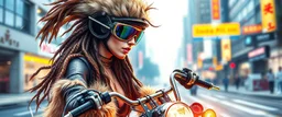 wall poster of transparent biker woman weasel rasta babe with cute fur, in big cyberpunk city crossover, volume light and motion blur, airbrush and pen outline