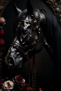 Beautiful black horse head portrait front wiew, adorned with black crystal diadem and black roses, black orhids, ruby gemstones rcoco headress and masque and gold pearls, wearing humán rooo style coatume organic bio spinal ribbed detail of full floral background by the black and gold #moodlight extremely detailed hyperrealistic concept art