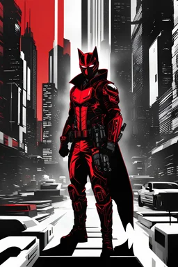 dibujo de contorno de Catman, negro y rojo con traje cyberpunk, fondo ciudad