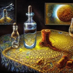 high-quality, fine-detail universe in a bottle on a tablecloth, melted crayon drawing, artwork, 8k, intricate, detailed, illustration, brian froud, howard lyon, george grie, ben goossens, anna dittman, jeffrey robert, don marco