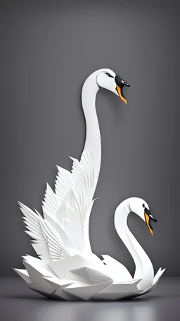 3d paper cut illustration on grey background, cool swan face creature in a lake with dynamic and vibrant designs, edgy and modern, layering, deep shadows of vector layers, intricated details