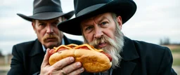 mean looking amish mafia thug with hot dog