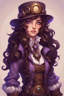 A girl with long, wavy dark brown hair, purple eyes, dressed in steampunk clothes, stardew, valley style