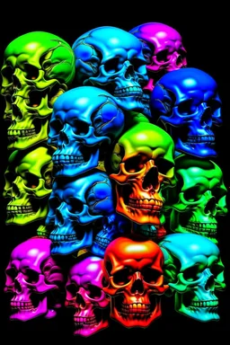 a stack of 1000 anatomically correct cartoonish skulls, vivid colors, dark comedy, well lit, high detail, photorealistic, dayglo, blacklight