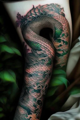 thigh dragon tatoo, snake tatoo wrapped in the things, leg focus, thigh focus