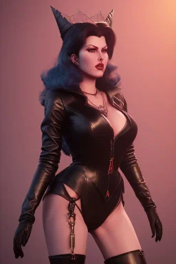 Lana Turner as evil queen in black leather, leather, busty, cleavage, angry, stern look. character design by cory loftis, fenghua zhong, ryohei hase, ismail inceoglu and ruan jia. unreal engine 5, artistic lighting, highly detailed, photorealistic, fantasy