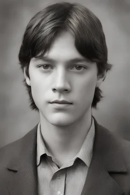 1920's yearbook photo, teenage Daryl Dixon (Norman Reedus) 14 years old, brown hair, 1920's hairstyle and clothes, photorealistic, --ar 9:16 --style raw