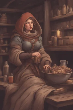 DnD style, medieval woman dressed in warm winter clothes sitting in a tavern