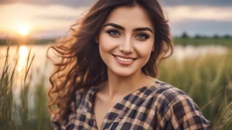 Hyper Realistic Close-up-view of Young-Happy-Pashto Woman with beautiful eyes wearing checkered-patterned dress Smiling on riverside & long-grass at cloudy sunset with dramatic ambiance